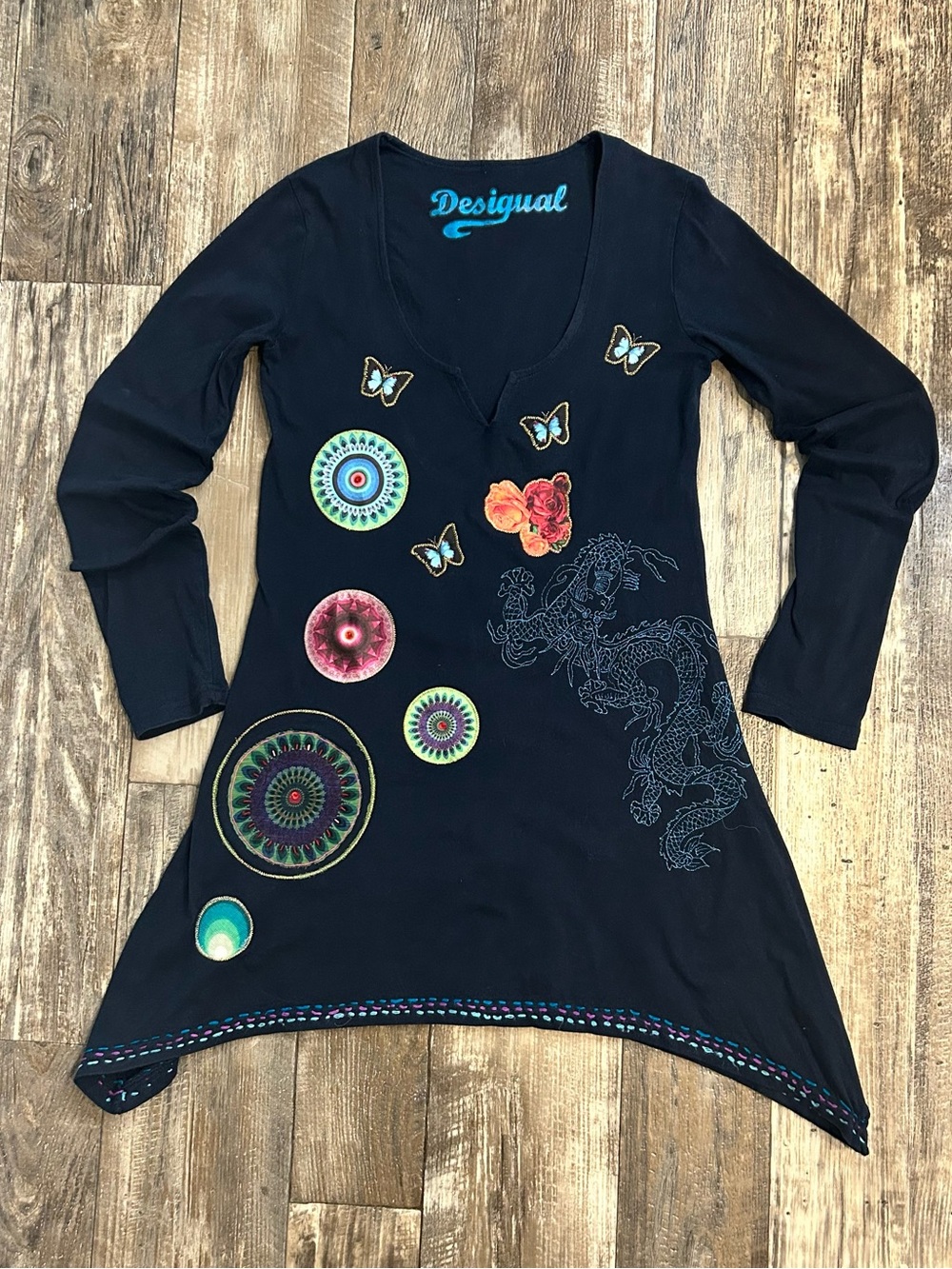 Desigual Navy Long-Sleeve Embroidered V-Neck Tunic with Colorful Medallions